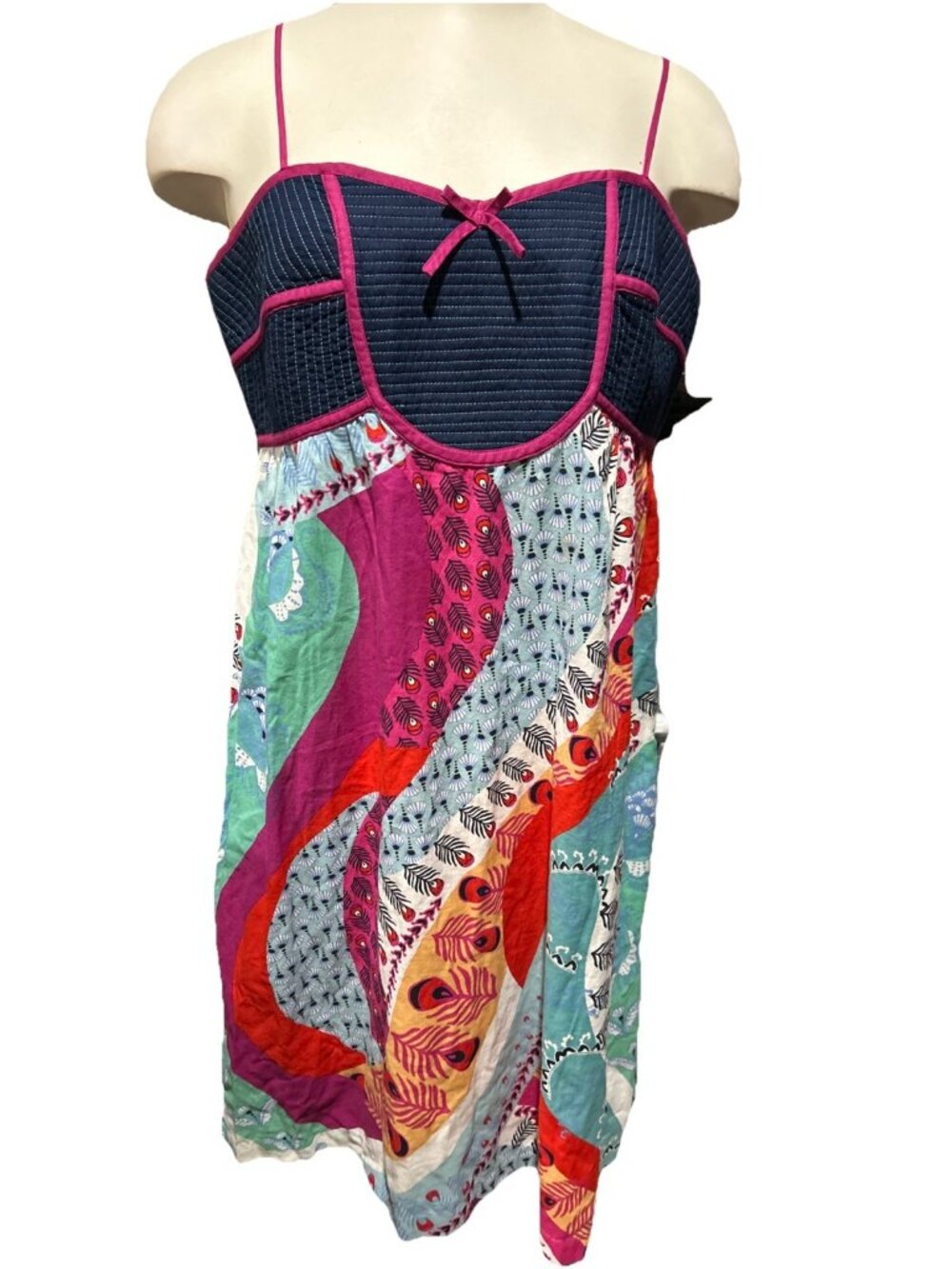 Anthropologie Lilka Floral Feather Dress Sz L Spaghetti Straps Blue Red Vtg Y2K - Picture 2 of 10